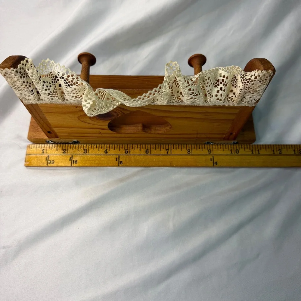 Vintage Wood Heart Cutout Wall Shelf with Peg Hooks and Lace Trim Country Decor